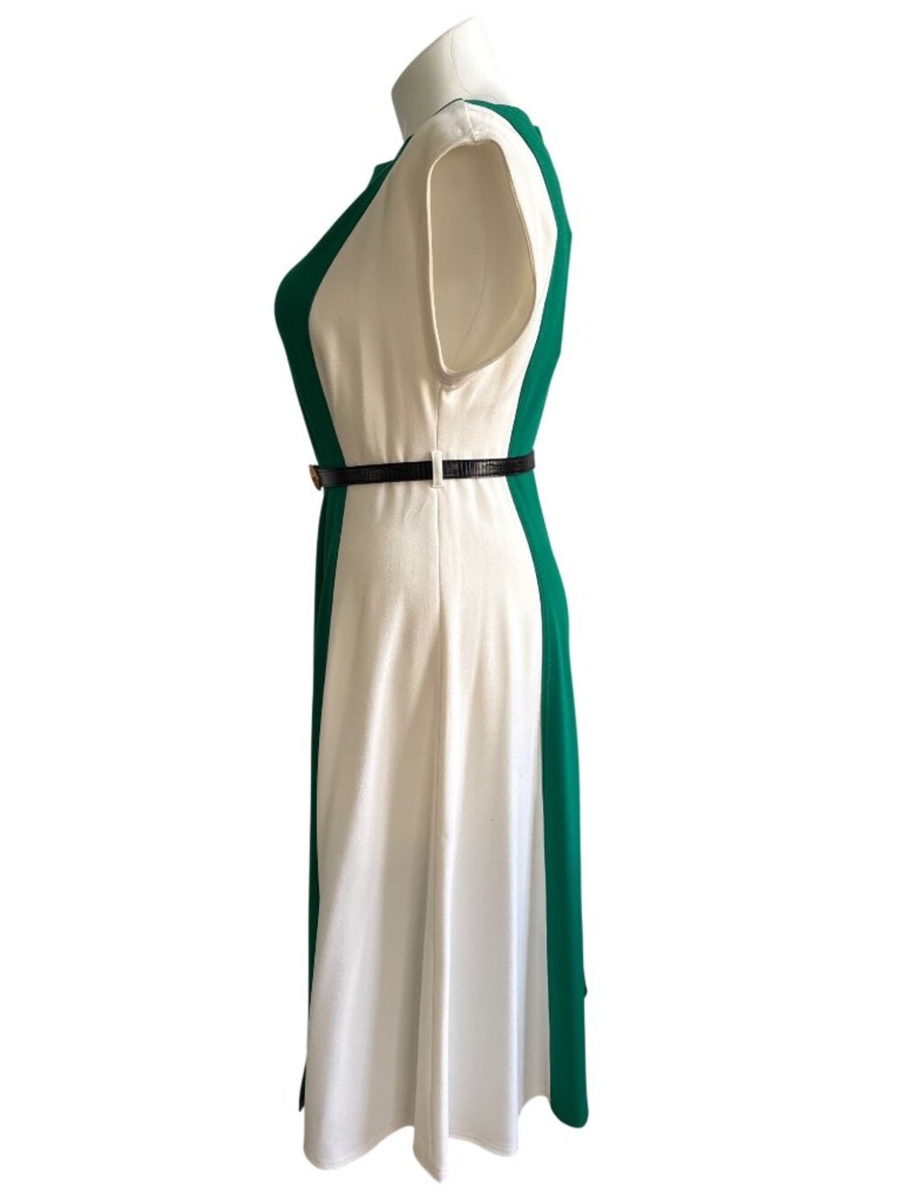 Donna Karan NWT $159 Colorblock Green Blue Ivory Belted Midi Dress Size 14 - Picture 6 of 10